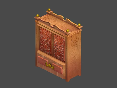 Chinese Style Wooden Wardrobe With Carved Doors Golden Finials And Drawers 3d model