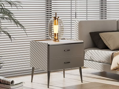Gray Modern Nightstand With Two Drawers Golden Table Lamp And Sunlight Through Blinds 3d model