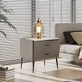 Gray Modern Nightstand With Two Drawers Golden Table Lamp And Sunlight Through Blinds