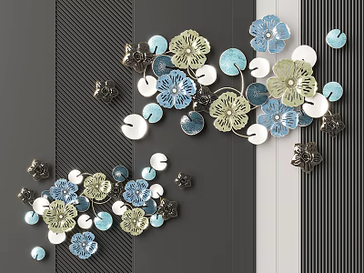 Colorful Floral Shaped Wall Decor With Blue Green White Accents On Grey Background 3d model
