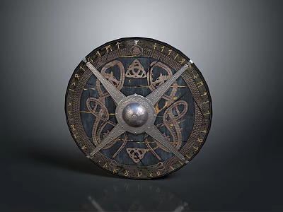 Ancient Round Shield With Central Metal Boss Intricate Engravings And Wooden Frame 3d model