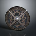 Ancient Round Shield With Central Metal Boss Intricate Engravings And Wooden Frame