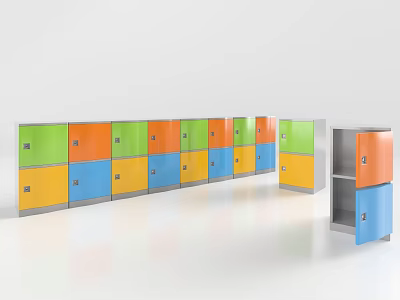 Colorful Metal Storage Lockers With Open Door In Row Of Multicolored Compartments 3d model