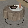 Tree Stump Wooden Coffee Table With Black Metal Base White Tray Nuts And Orange Cup