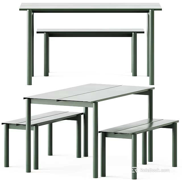 Sleek Modern Dining Table Set with Green Metal Frames and Matching Benches 3d model 