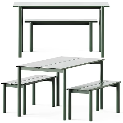 Sleek Modern Dining Table Set with Green Metal Frames and Matching Benches 3d model