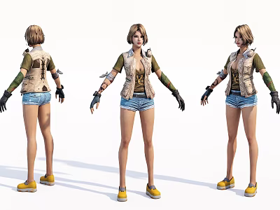 Game and Movie Character with Short Hair Green Top Beige Vest Blue Shorts Yellow Shoes 3d model