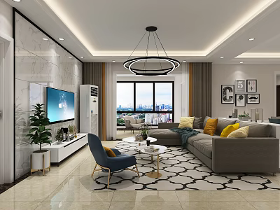 Modern Living Room Interior With Grey Sofa Yellow Blue Pillows And Black Pendant Light 3d model