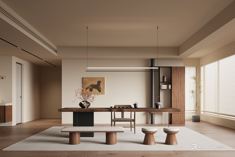 Minimalist Tea Room Interior Design With Wooden Long Table Stools Decorative Painting And Hanging Light 3d model 
