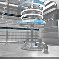 Futuristic Tech Space Featuring Metallic Texture Circular Platform Blue Lighting And Ring Shaped Screens 3d model