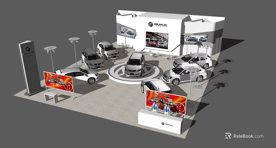 Car Exhibition Booth With Multiple Cars Display Screens And Promotional Posters 3d model 