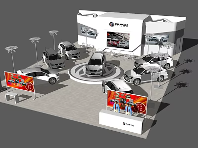 Car Exhibition Booth With Multiple Cars Display Screens And Promotional Posters 3d model