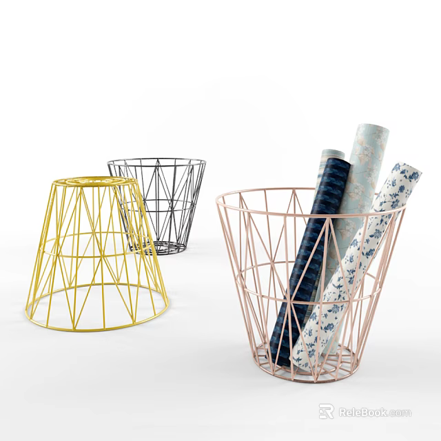 Colorful Wire Storage Baskets in Yellow Black Pink with Fabric Rolls for Home Organizing 3d model 