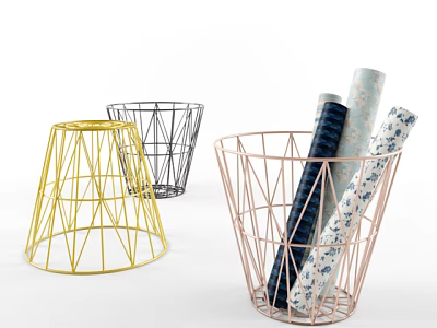 Colorful Wire Storage Baskets in Yellow Black Pink with Fabric Rolls for Home Organizing 3d model