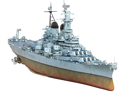 Large Gray Warship With Multiple Turrets Superstructure And Rusty Bottom 3d model