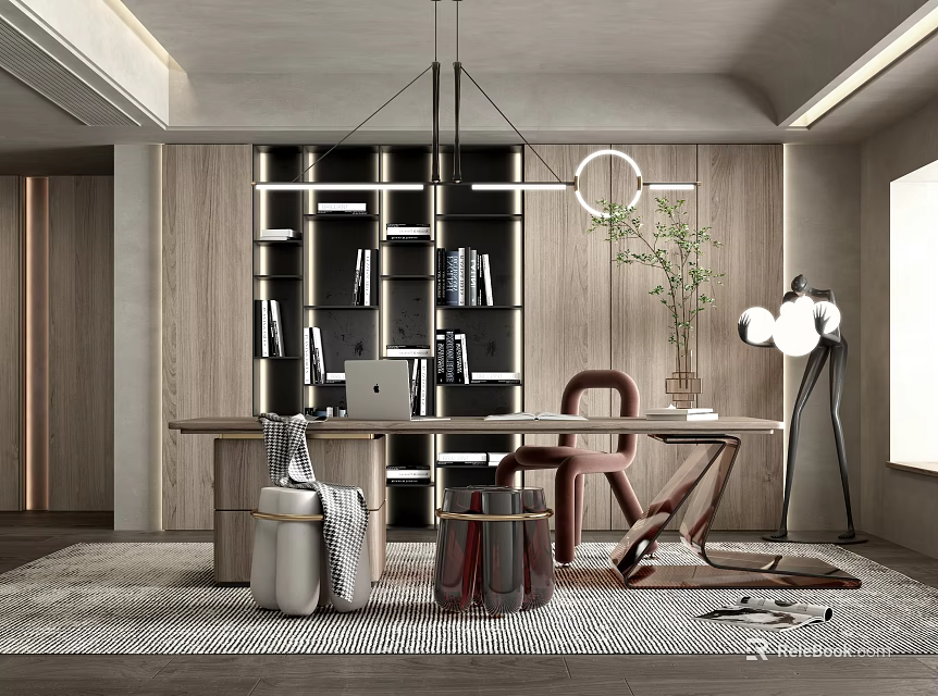 Modern Study Room Interior With Wooden Desk Leather Chair Open Bookshelf And Pendant Lights 3d model 