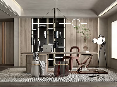 Modern Study Room Interior With Wooden Desk Leather Chair Open Bookshelf And Pendant Lights 3d model