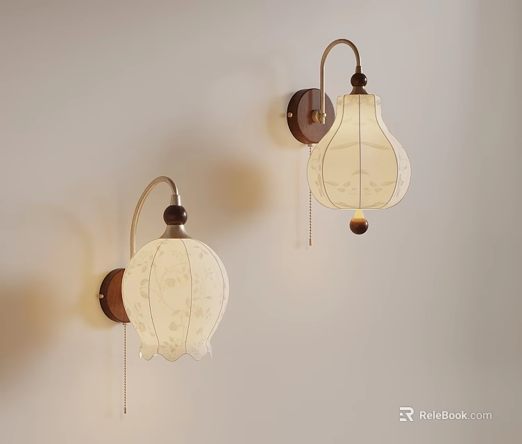 Two Vintage Wall Lamps With White Floral Lampshade And Wooden Base 3d model 