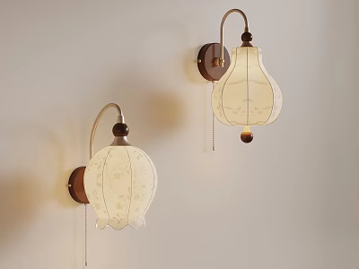Two Vintage Wall Lamps With White Floral Lampshade And Wooden Base 3d model