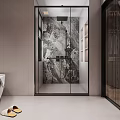 Modern Bathroom Interior With Marble Accent Wall Freestanding Bathtub Vanity Mirror And Yellow Slippers