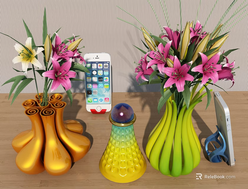 Golden Yellow Green Decorative Vases With White Pink Lilies And Smartphone On Table 3d model 