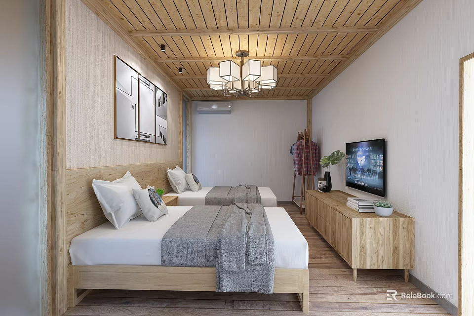 Minimalist Hotel Guest Room With Wooden Ceiling Twin Beds TV And Green Plants 3d model 