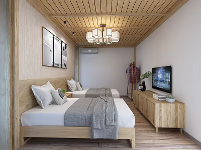 Minimalist Hotel Guest Room With Wooden Ceiling Twin Beds TV And Green Plants 3d model