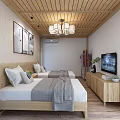 Minimalist Hotel Guest Room With Wooden Ceiling Twin Beds TV And Green Plants