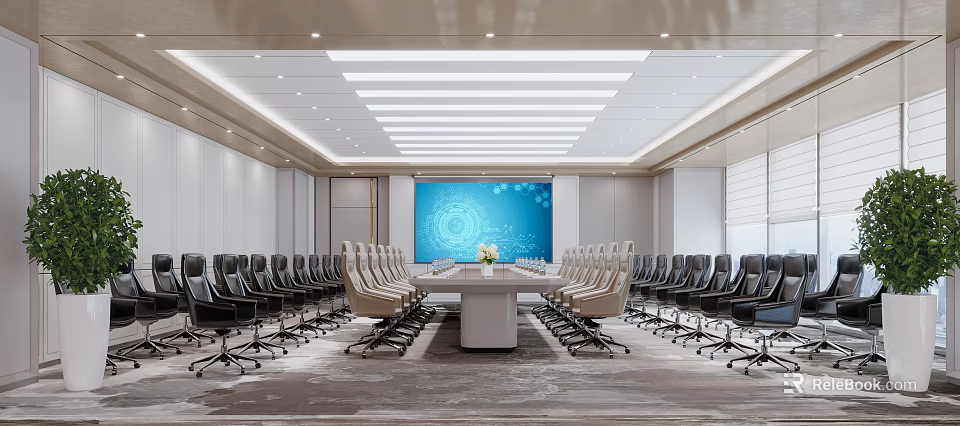 Modern Conference Room Interior With Large Blue Screen Long Table And Comfortable Chairs 3d model
