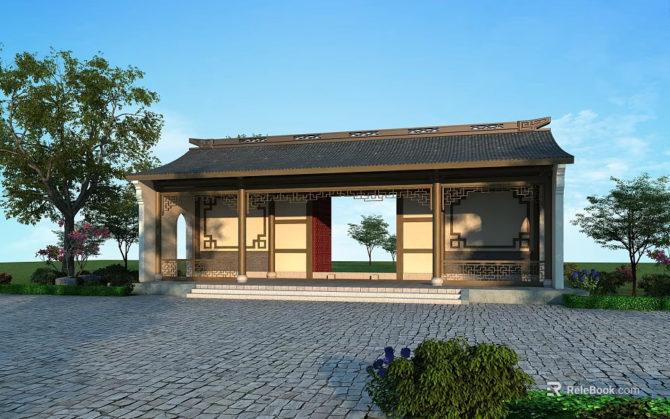 Traditional Ancient Chinese Building with Carved Windows Eaves and Stone Pavement Surrounded by Green Trees 3d model 