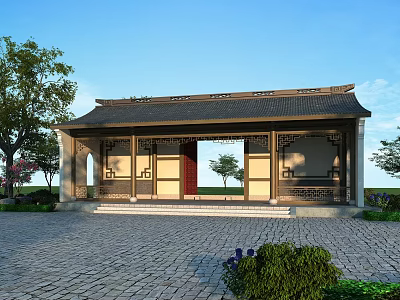 Traditional Ancient Chinese Building with Carved Windows Eaves and Stone Pavement Surrounded by Green Trees 3d model