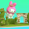 Adorable Photo Spot With Pink Bunny Carousel Horse Green Lawn Golden Arch And Star Bushes