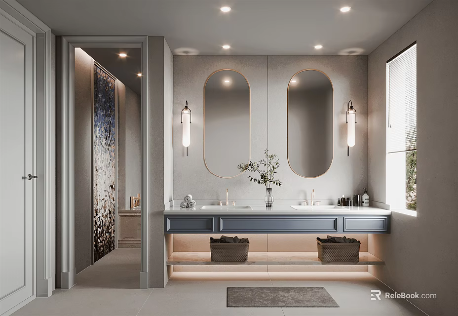 Modern Bathroom Interior With Double Sink Vanity Oval Mirrors Wall Sconces Baskets Rug And Window 3d model 
