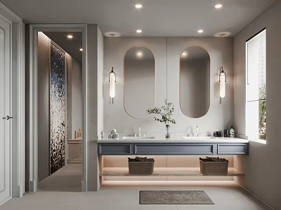 Modern Bathroom Interior With Double Sink Vanity Oval Mirrors Wall Sconces Baskets Rug And Window 3d model