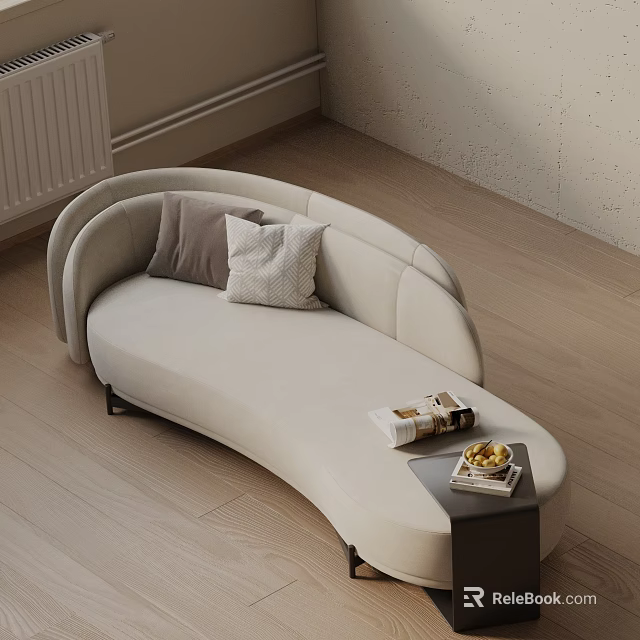 Three Seater Beige Sofa With Gray And White Cushions And Side Table With Books 3d model 