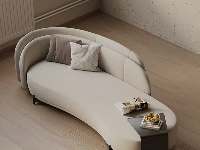 Three Seater Beige Sofa With Gray And White Cushions And Side Table With Books 3d model