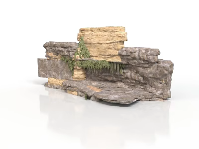 Natural Rock Stone Wall Structure With Hanging Green Plants And Layered Stones 3d model