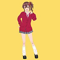 Young Woman In Red Cardigan With Ponytail Hairstyle Against Yellow Background