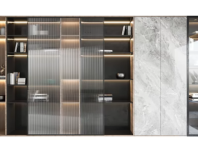 Modern Bookcase With Glass Doors Marble Wall Lighting Strips Books And Decorative Items 3d model