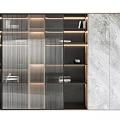 Modern Bookcase With Glass Doors Marble Wall Lighting Strips Books And Decorative Items