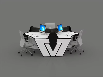 Modern Unique V Shaped Office Desk With White Black Design Laptops And Office Chairs 3d model