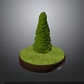 3D Green Conical Tree Model On Round Grass Covered Base