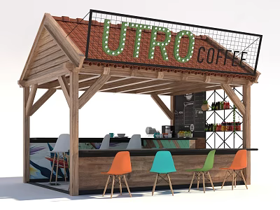 Wooden UTRO Coffee Kiosk Featuring Red Tile Roof Bar Counter And Colorful Chairs 3d model