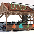 Wooden UTRO Coffee Kiosk Featuring Red Tile Roof Bar Counter And Colorful Chairs