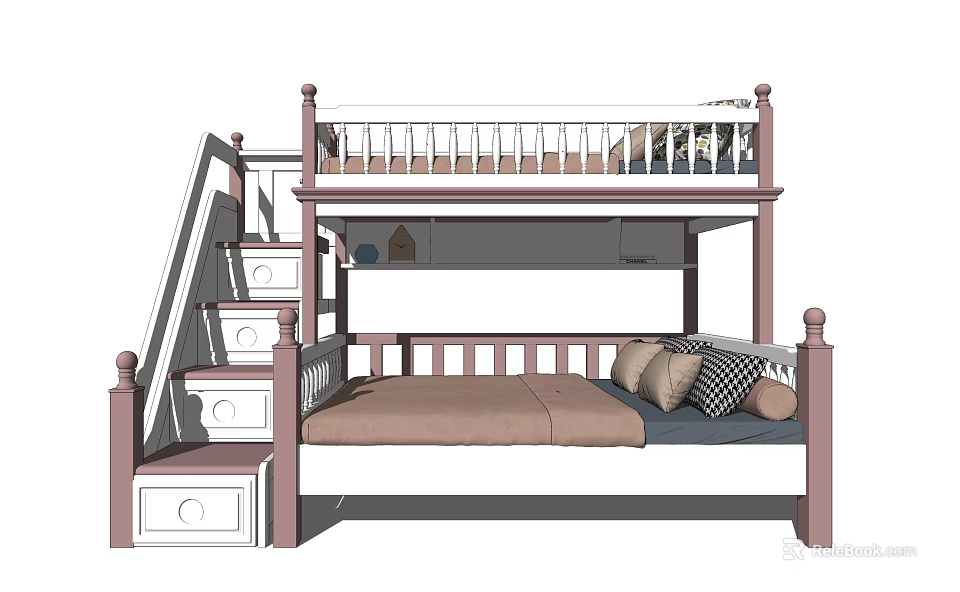 Pastel Pink and White Kids Bunk Bed with Staircase Storage Drawers Lower Mattress and Pillows 3d model 