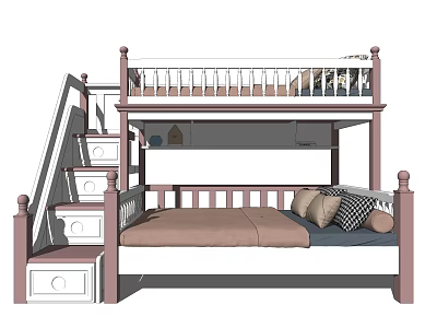 Pastel Pink and White Kids Bunk Bed with Staircase Storage Drawers Lower Mattress and Pillows 3d model