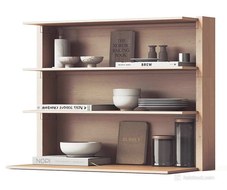 Dinnerware Set Display On Wooden Multi Tiered Shelf With Bowls Plates Jars And Books 3d model 