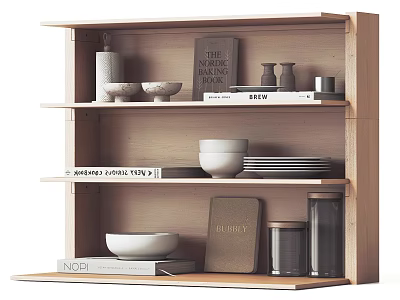 Dinnerware Set Display On Wooden Multi Tiered Shelf With Bowls Plates Jars And Books 3d model