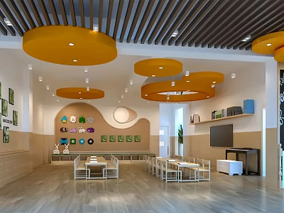 Bright Kindergarten Interior Featuring Yellow Circular Pendant Lights Wooden Flooring Tables Chairs And Wall Decorations 3d model