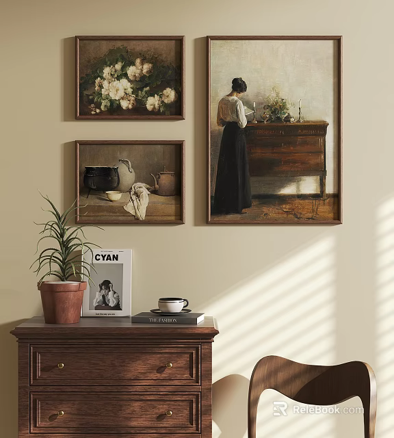 Oil Paintings Adorn Warm Vintage Interior Wall 3d model 